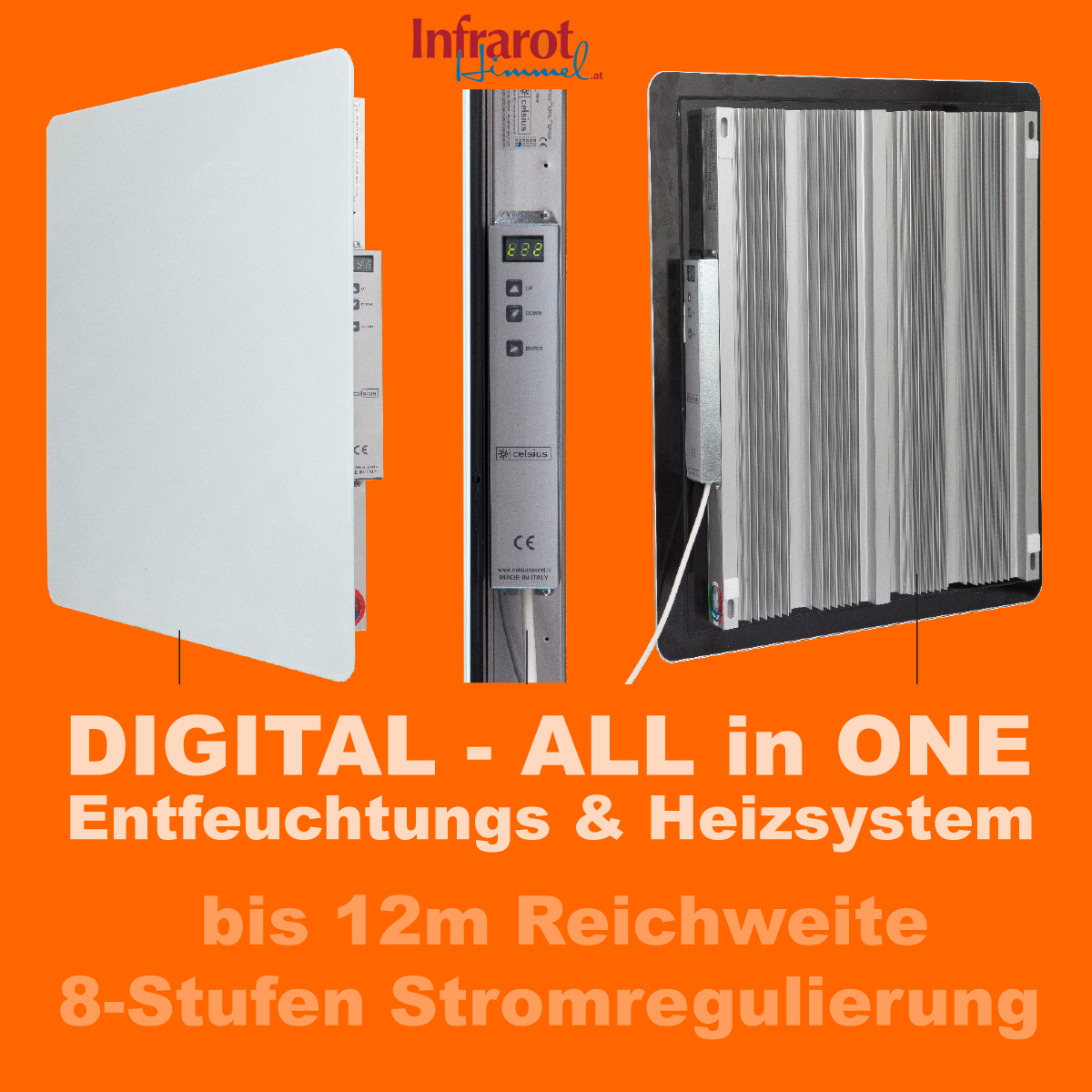 Celsius Infrarotheizung Kosten mit 12 m Reichweite und 8 Stufen Automatik