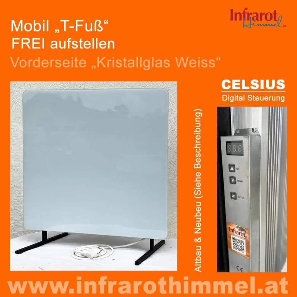 Weiße Celsius T1 Mobil Infrarotheizung mit freistehendem T Fuß